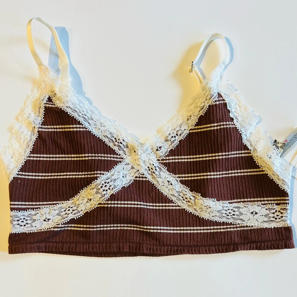 FREE PEOPLE GiGi Seamless Striped Bra Umber Earth Brown White Bohemian Size M/L